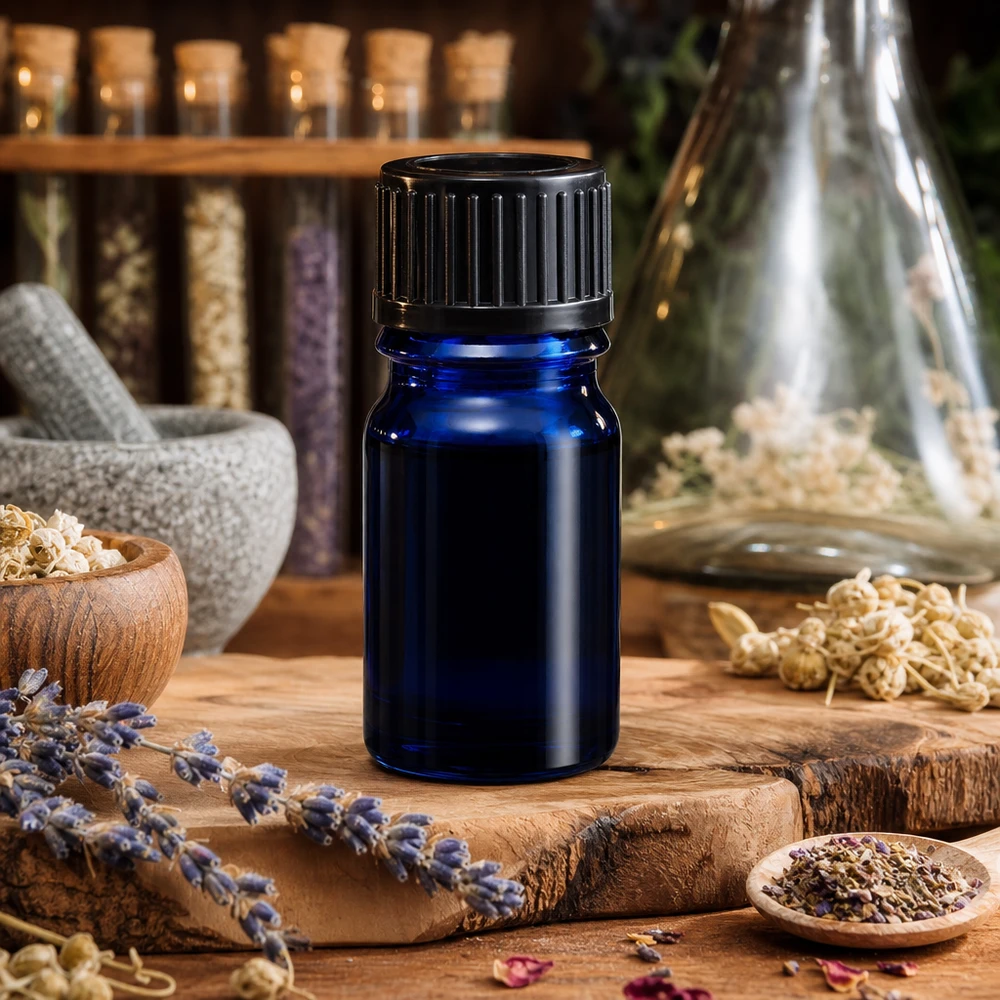 5ml láhev 11mm šroubovací uzávěr černá Standard BlueLine UT18/5 Vintage-Style blaue Apothekerflasche 5ml mit klassischem schwarzen Schraubdeckel für Sammler