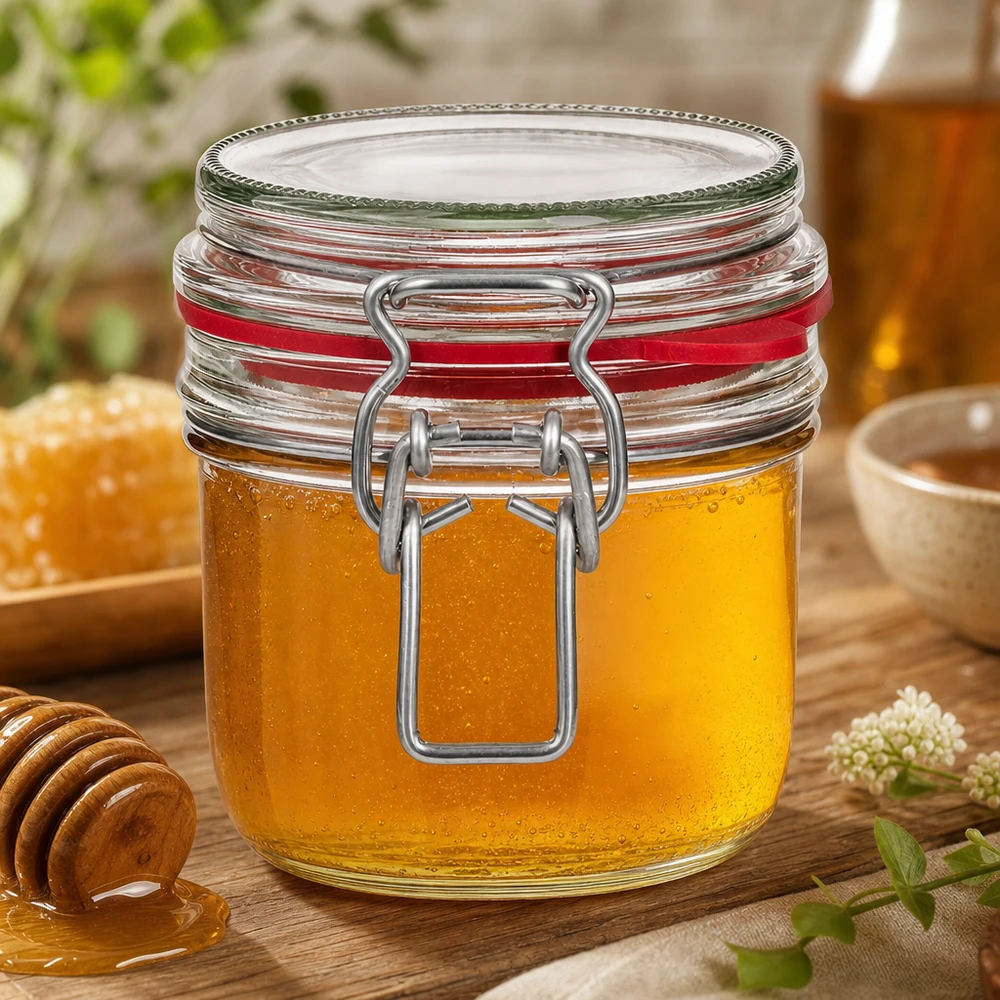 Skladovací sklenice o objemu 255 ml s gumovým kroužkem a výkyvným víčkem UNiTWIST. 255ml Einmachglas mit Bügelverschluss gefüllt mit goldenem Honig neben Honiglöffel auf natürlichem Holztisch