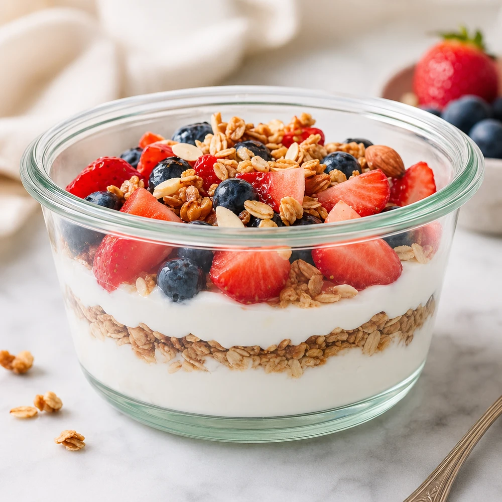 290ml sklenice na šťávu WECK RR100 pro labužníky. WECK RR100 290ml Gourmetglas mit Joghurt-Granola-Parfait Beeren und Nüssen als gesunde Frühstücksschale serviert
