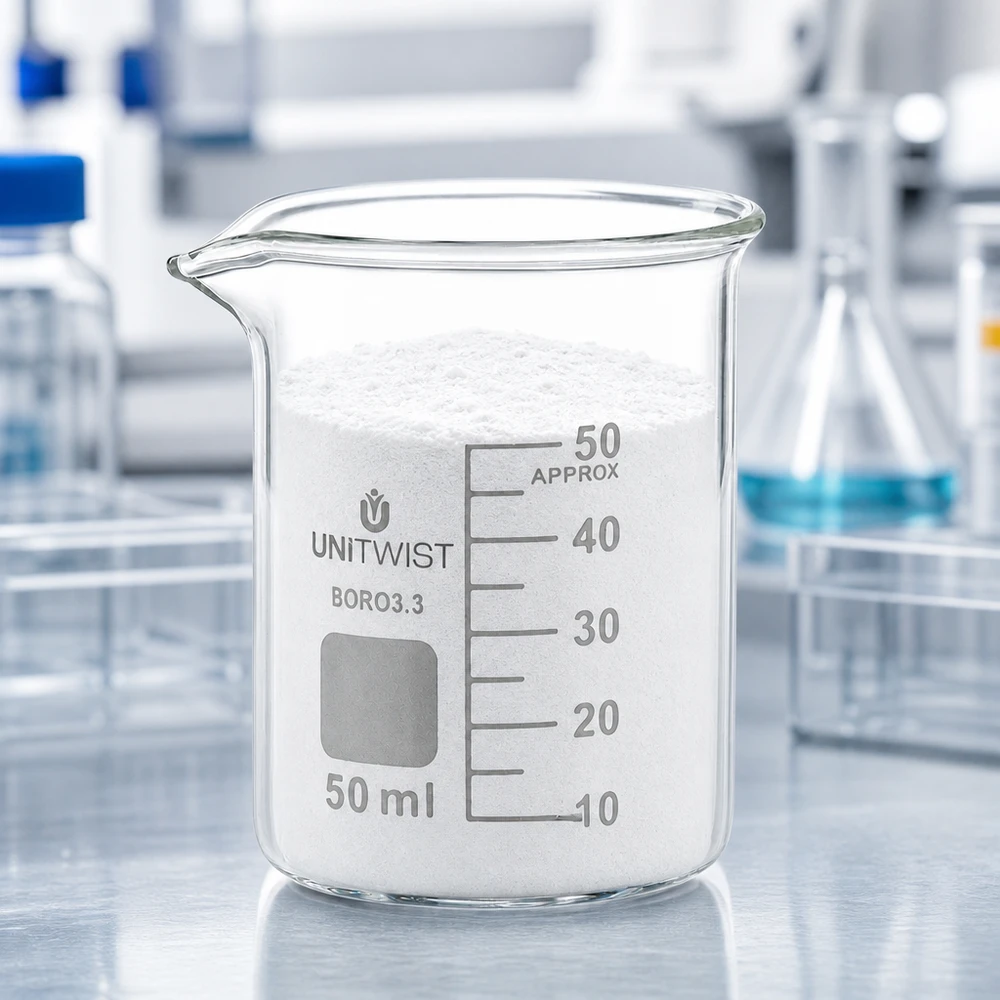 Kádinka 50ml borosilikátová, nízká forma UNiTWIST UNiTWIST Becherglas 50ml niedrige Form Borosilikat mit Feststofffüllung und Skalierung