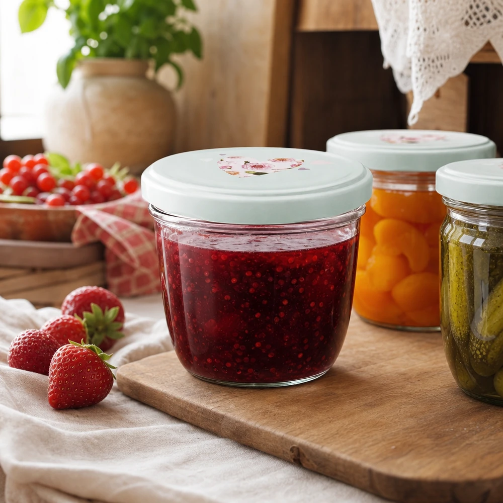 Erdbeermarmelade im 230ml Sturzglas mit BasicSeal Deckel Herz mint, selbstgemachte Konfitüre neben frischen Erdbeeren
