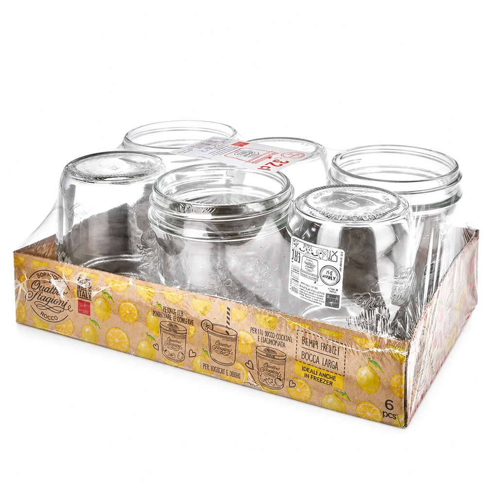 3800ml kulatá sklenice "Quattro Stagioni" s víčkem Bormioli Rocco Quattro Stagioni Einmachgläser 6er Set in Verkaufsverpackung mit gelber Zitrusfrüchte Grafik