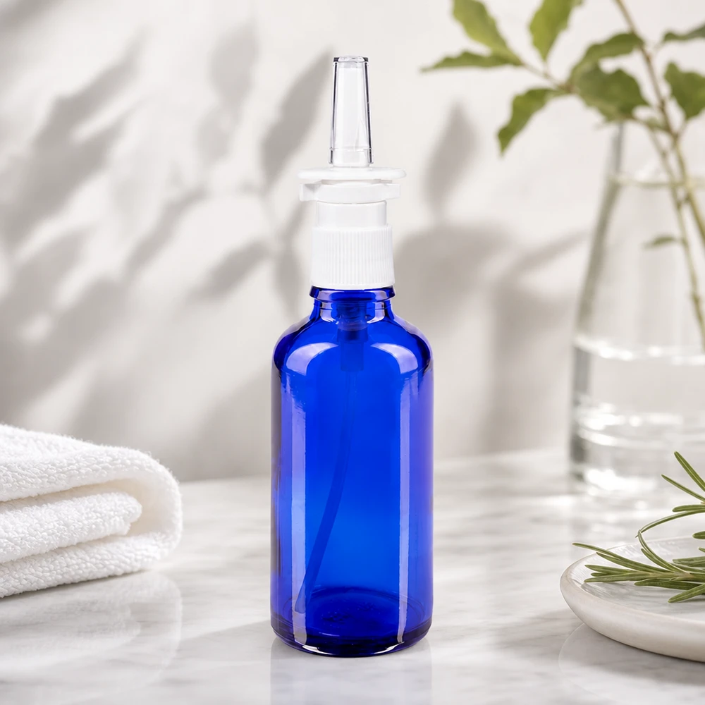 Blaues Apothekenglas 50ml Nasendosierer mit weißem Aufsatz und klarer Spritzdüse Seitenansicht