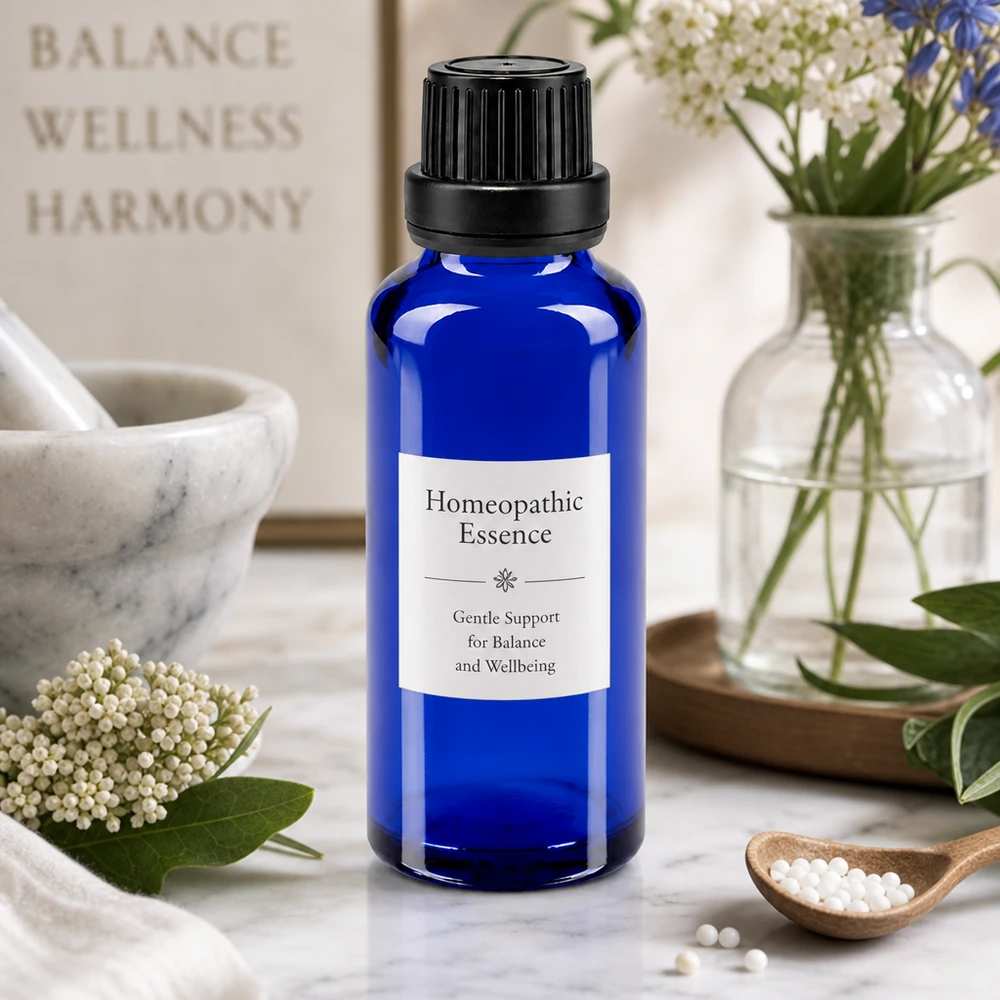Apothekerflasche 30ml blau mit 2mm Tropfeinsatz und Etikett für Balance und Wohlbefinden