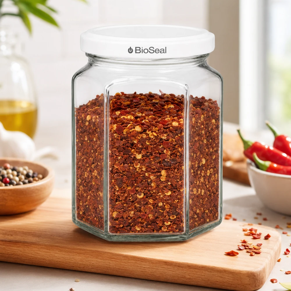 Sklenice Hexa o objemu 288 ml s bílým víčkem BioSeal UNiTWIST UNiTWIST Hexa288 Gewürzglas mit Chilliflocken gefüllt und weißem BioSeal Deckel auf Küchenbrett mit Gewürzen