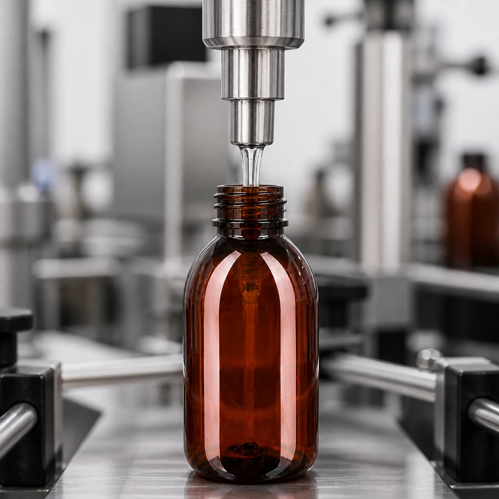 PET láhev 250ml s dávkovací pumpičkou černá Plnicí linka automaticky plní jantarové PET láhve o objemu 250 ml ve farmaceutické výrobě