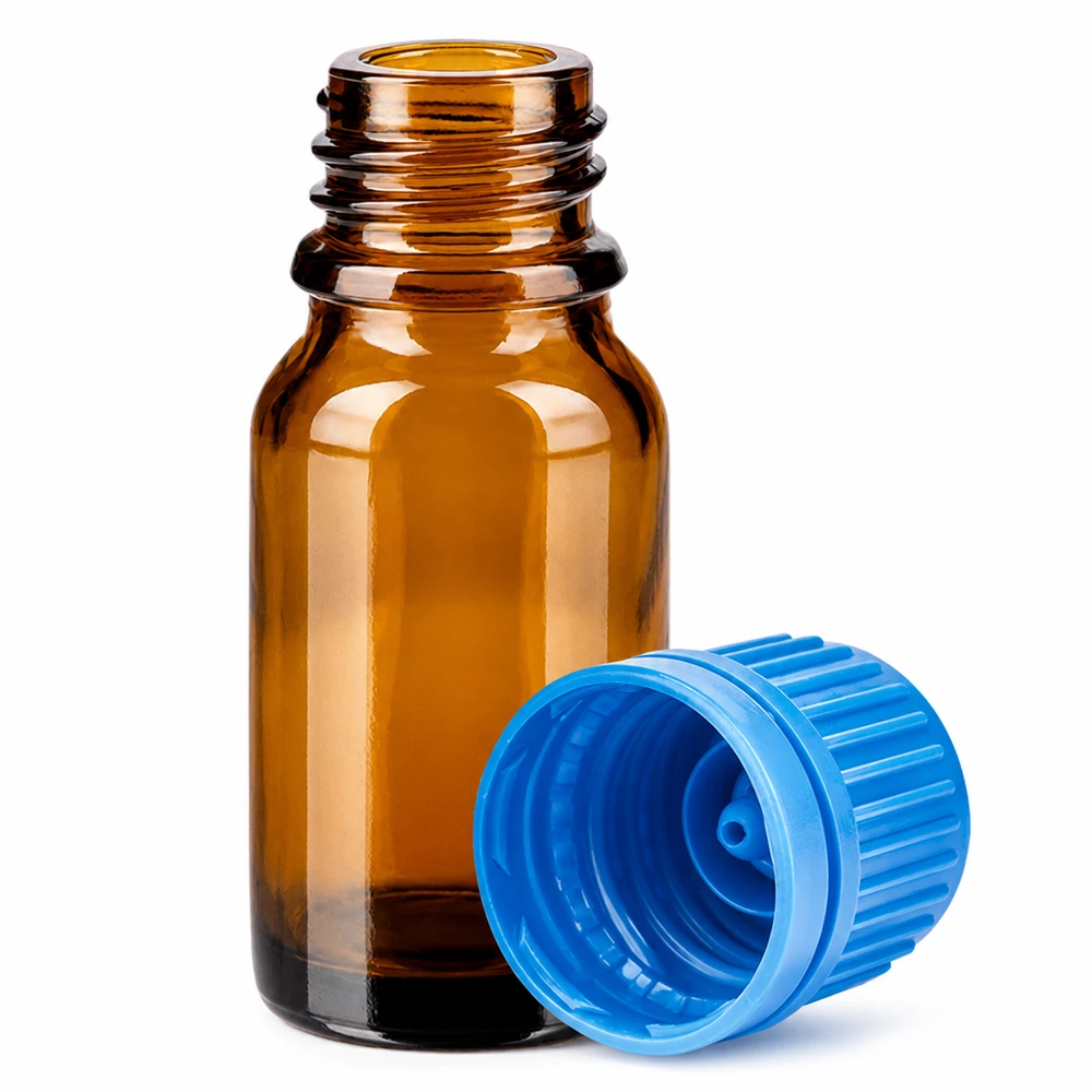 10ml lahvička 11mm šroubovací uzávěr modrý tamper evidentní uzávěr BrownLine UT18/10 10ml braune Glasflasche BrownLine Serie mit blauem Verschluss für professionelle Anwendung