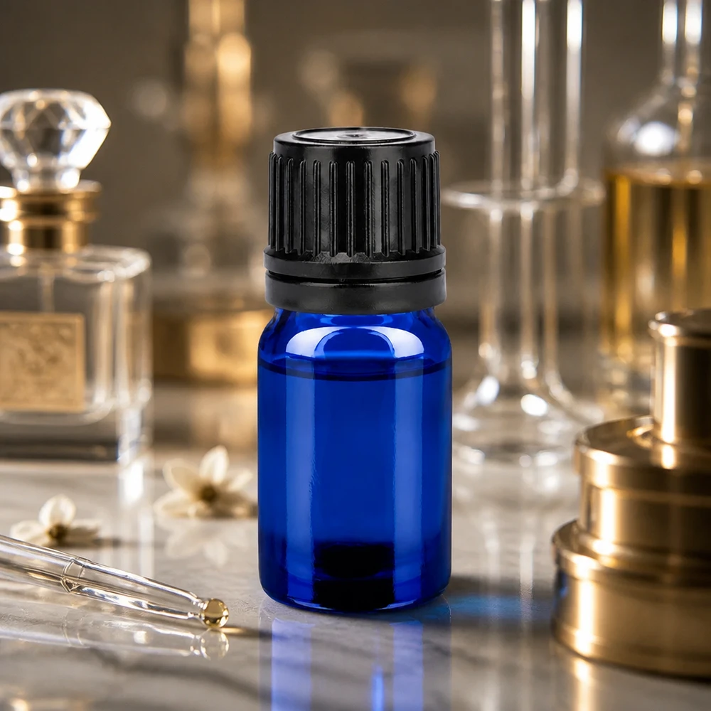 Lahvička 5ml 11mm šroubovací uzávěr černý BlueLine UT18/5 s ochranným uzávěrem proti manipulaci Premium Glasflasche 5ml in Blau mit schwarzem Schraubverschluss für pharmazeutische Zwecke