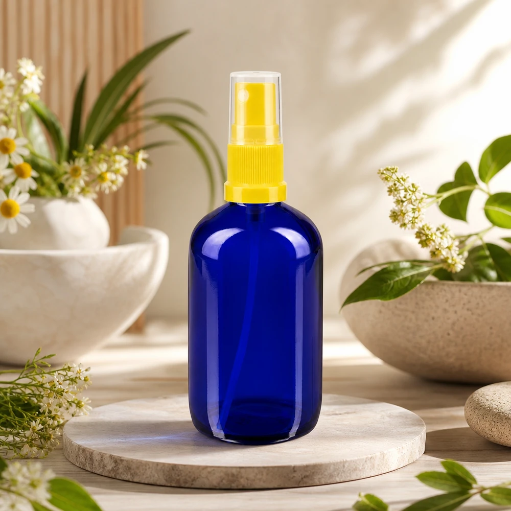 Kobaltblaue 100ml Glasflasche Standard gelb-transparenter Zerstäuber für Toner und Pflege