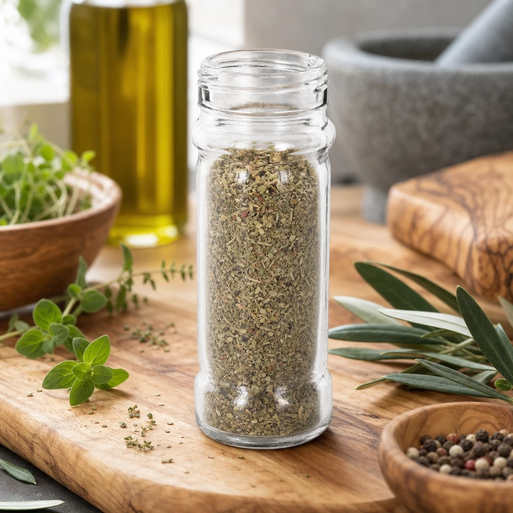 Gewürzglas Mary 100ml Klarglas mit getrockneten Kräutern neben Mörser und Schneidebrett