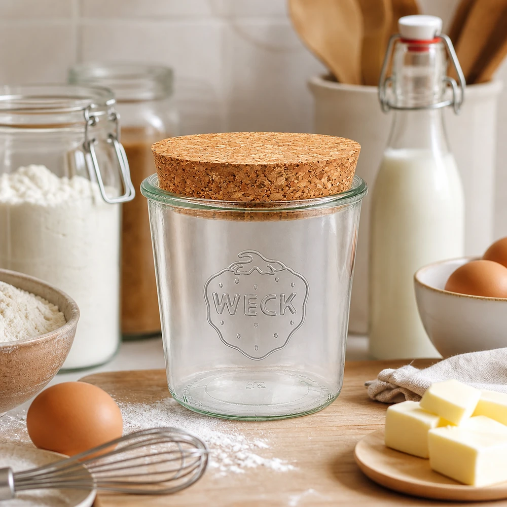 WECK Sturzglas 580ml RR100 mit Naturkorken in Backküche zwischen Mehl Eiern Butter und Milch zum Backen arrangiert