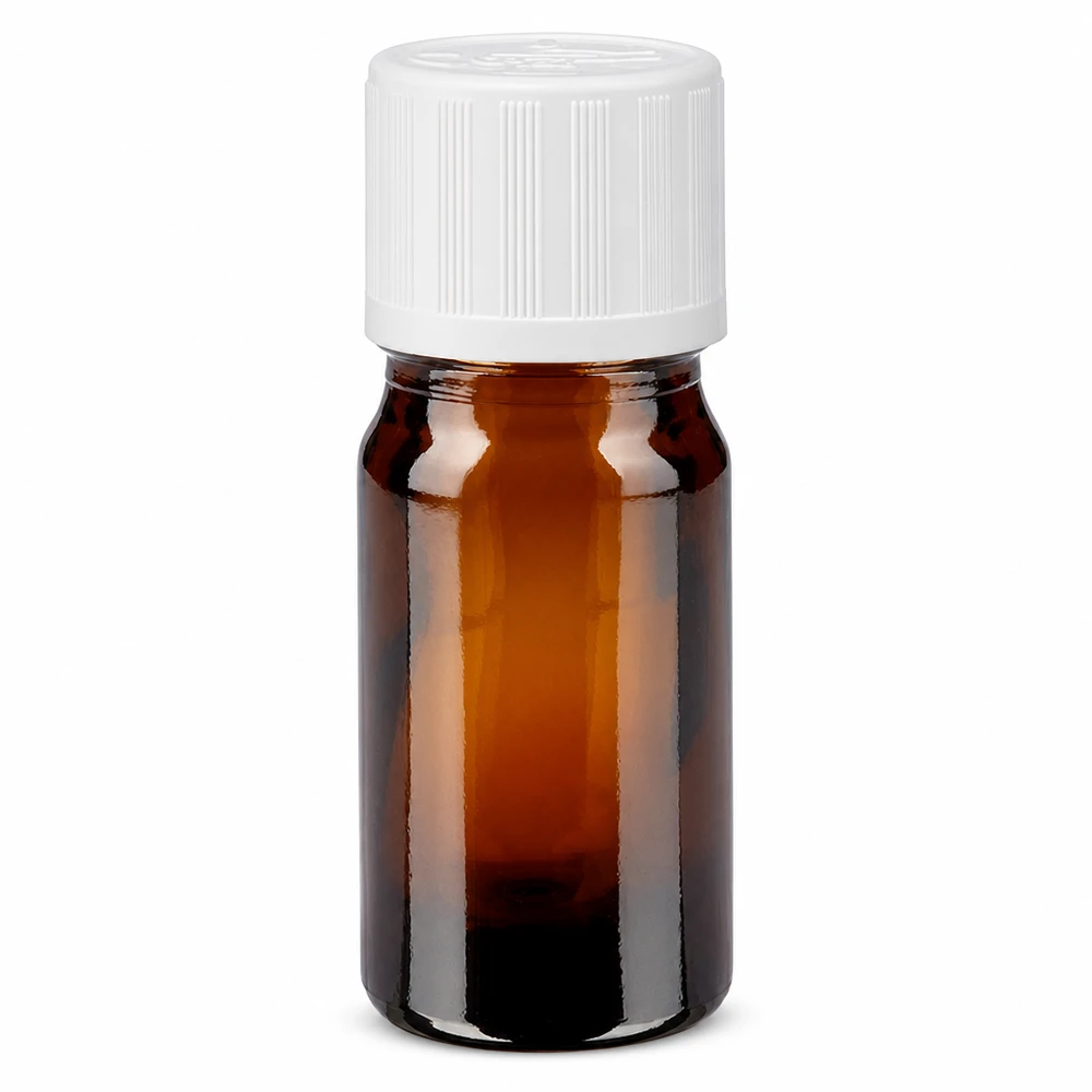 Lékárenská lahvička hnědá 5ml šroubovací uzávěr bílý standard odolný proti otevření dětmi. Miniatur Apothekerflasche 5ml in Braunglas mit weißem kindersicherem 11mm Verschluss