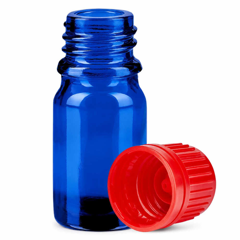 5ml láhev 11mm šroubovací uzávěr červený tamper-evidentní uzávěr BlueLine UT18/5 Professionelle 5ml Glasflasche blau mit rotem SV Verschluss für Laboranwendungen