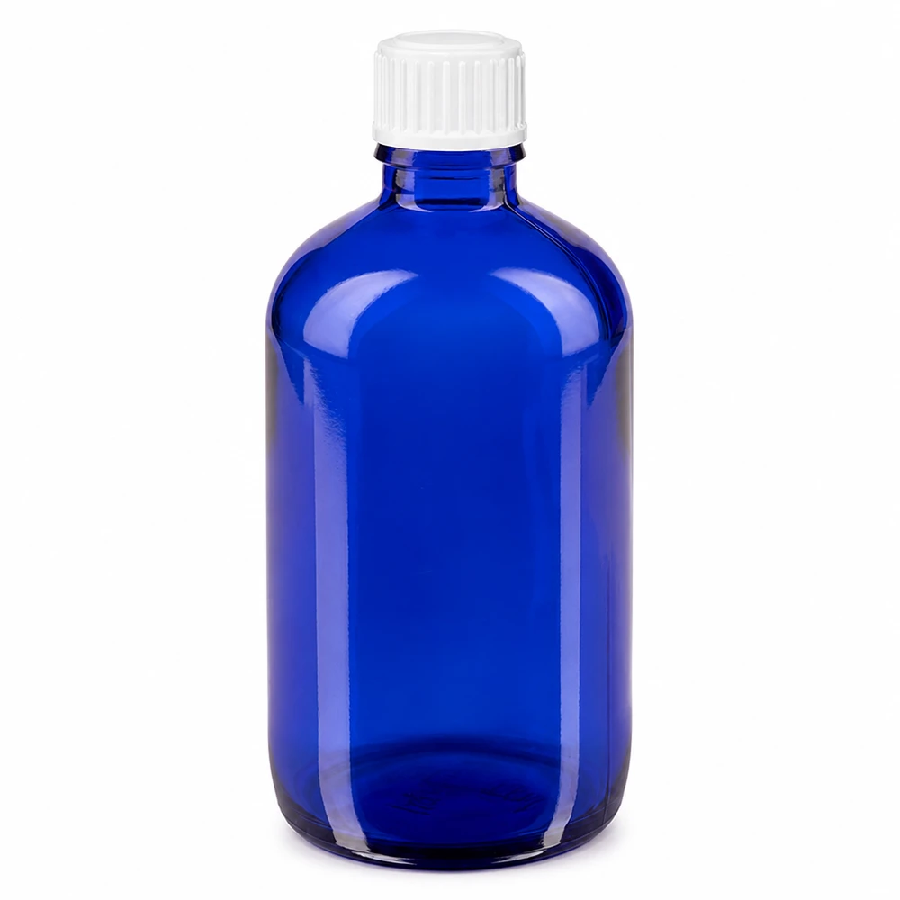 Lékárenská láhev modrá 100ml šroubovací uzávěr bílý standardní Zylindrische blaue Apothekerflasche Glas 100ml mit weißem Originalitätsverschluss