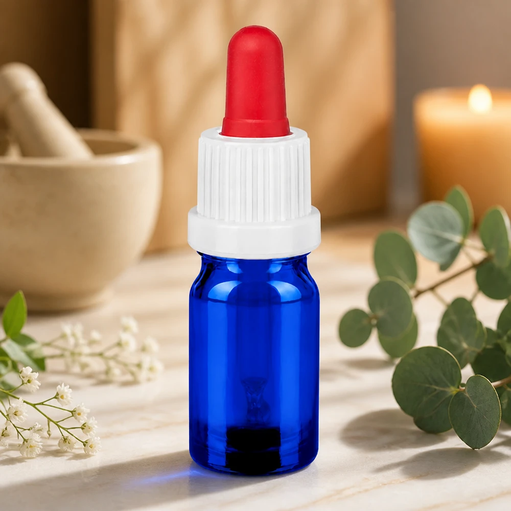 5ml pipetovací láhev bílá/červený uzávěr s ochranou proti manipulaci BlueLine UT18/5 Handliche 5ml Tropferflasche BlueLine mit UV-Schutz durch blaues Glas für lichtempfindliche Substanzen