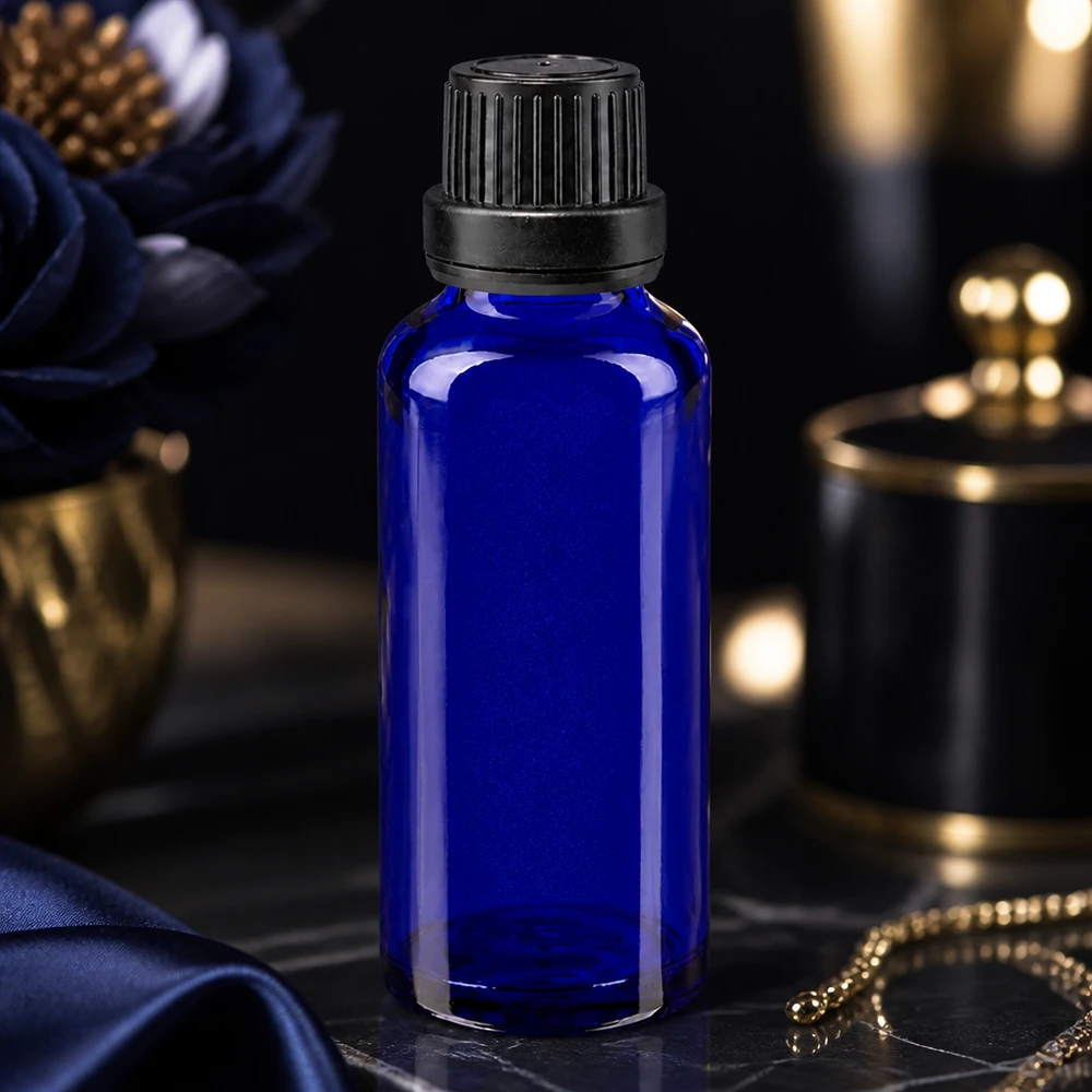 Lékárenská láhev modrá 30ml šroubovací uzávěr černá těsnicí vložka tamper evident uzávěr. Apothekerflasche 30ml Blauglas mit manipulationssicherem Schraubverschluss schwarz 11mm