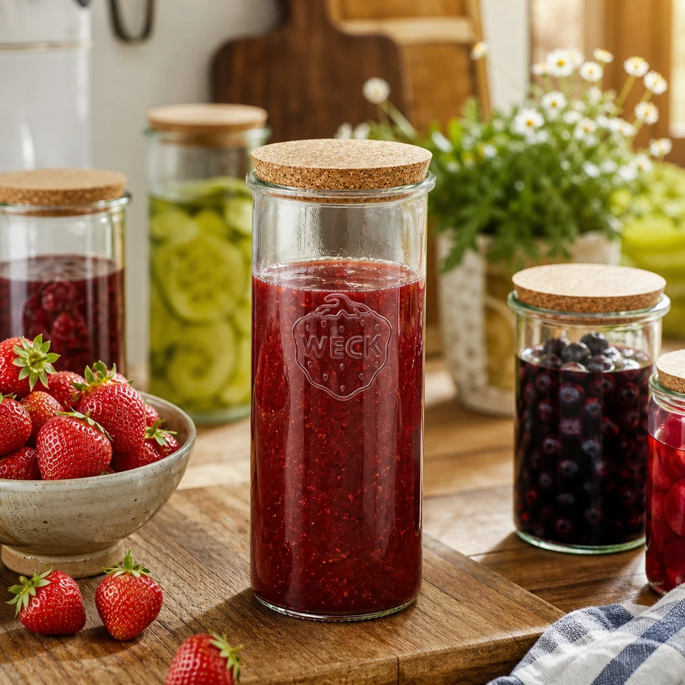 WECK Vorratsglas 1500ml mit Erdbeermarmelade gefüllt Küchenambiente Naturkorken Deckel Einmachglas Anwendung