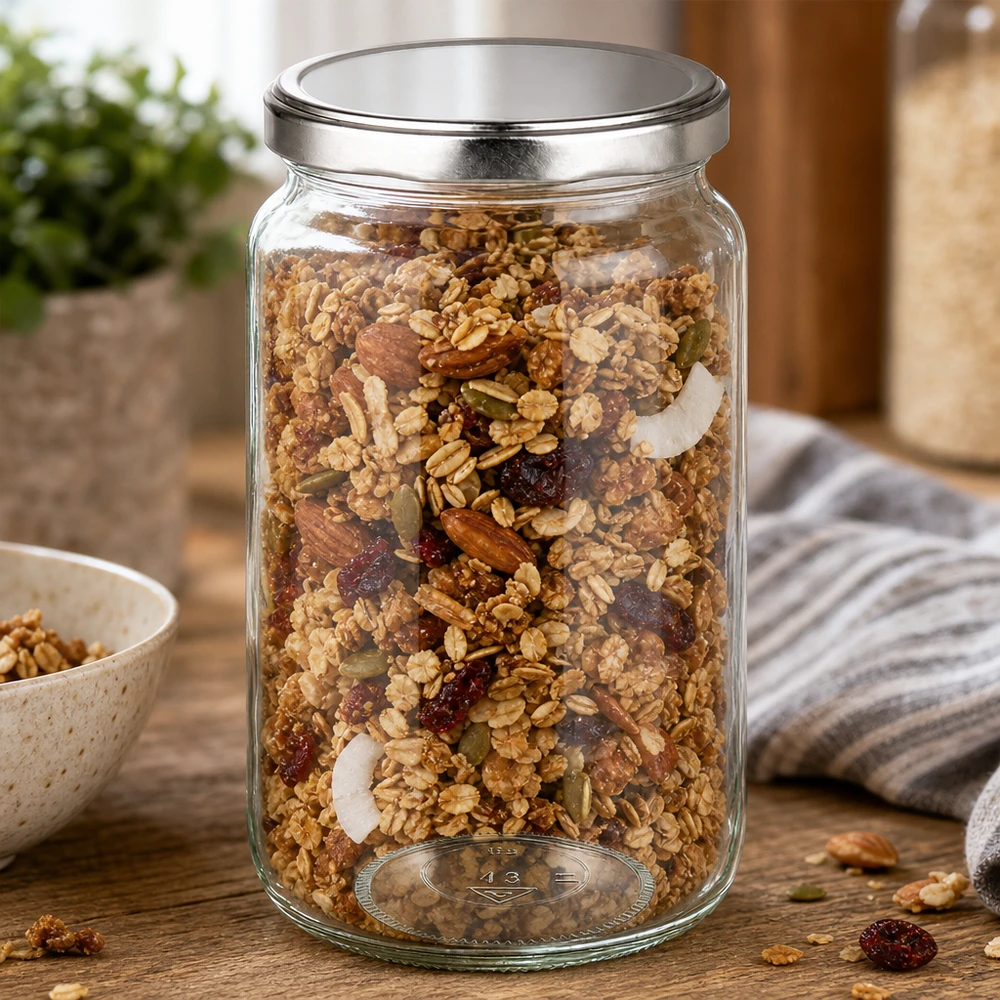 795ml kulatá zavařovací sklenice s víčkem BasicSeal stříbrná UNiTWIST. 795ml Rundglas befüllt mit Müsli und Nüssen zeigt praktische Verwendung als Vorratsglas für Lebensmittel