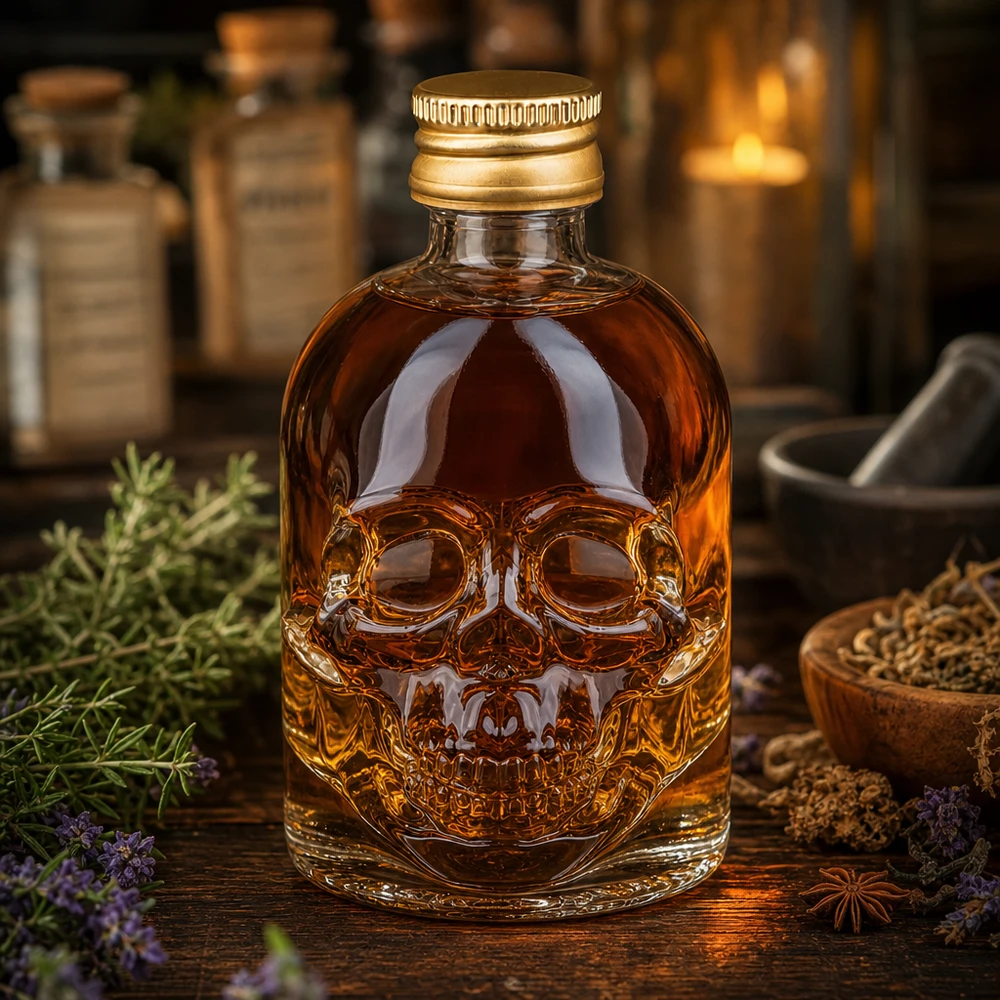 50ml Glasflasche "Hector" + Schraubverschluss gold UNiTWIST Miniatur-Glasflasche Hector 50ml mit 3D-Totenkopf-Relief und verschraubbarem Golddeckel