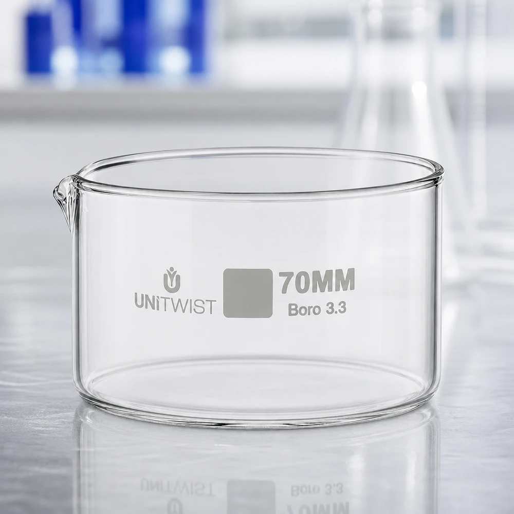 Krystalizační miska ø70 mm z borosilikátového skla UNiTWIST UNiTWIST Laborschale 70mm Durchmesser dickwandiges transparentes Borosilikatglas mit Ausguss