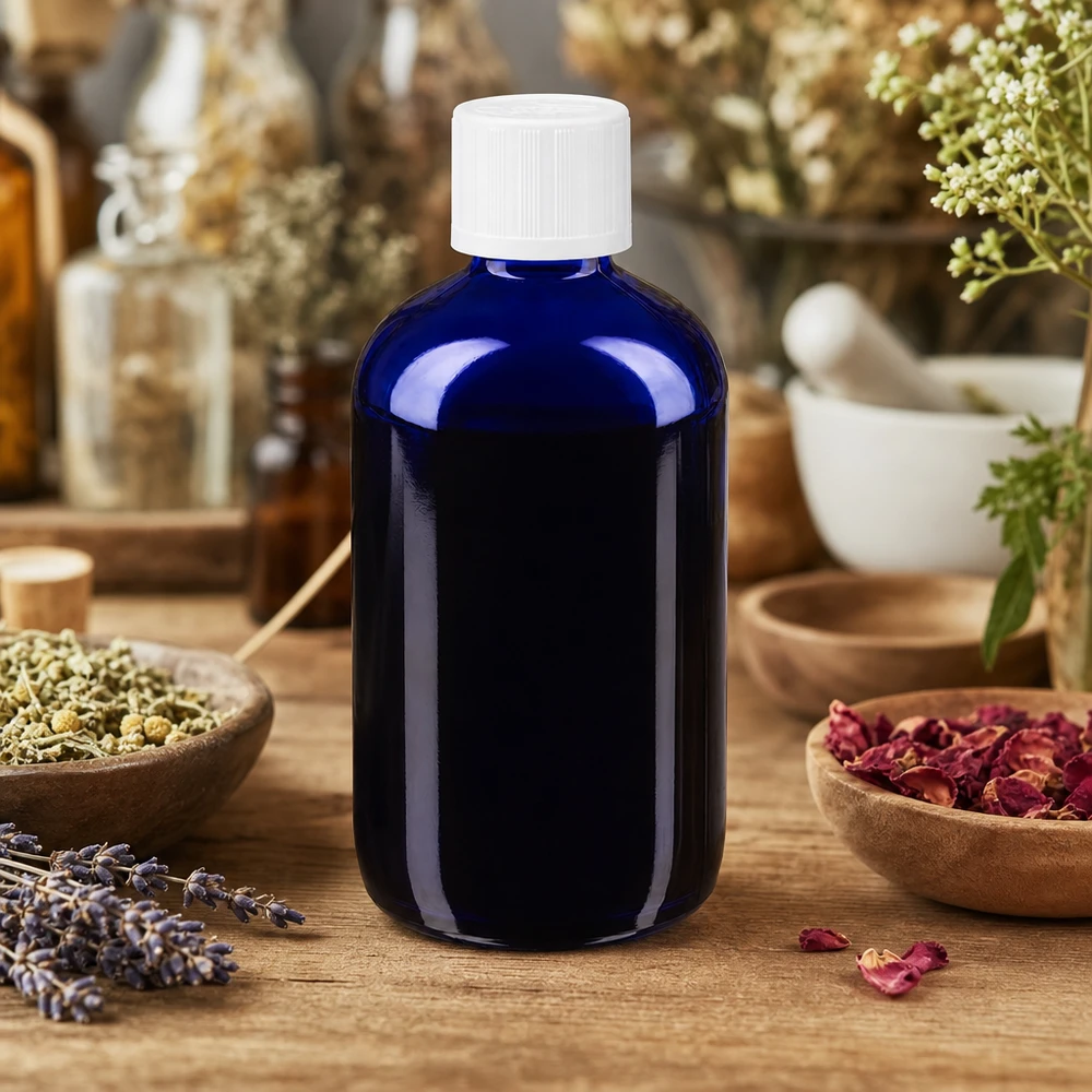 Lékárenská láhev modrá 100ml kapátko uzávěr bílý dětský bezpečnostní standard. Apothekerflasche kobaltblau 100ml mit weißem Schraubdeckel für Kräuterextrakte und Tinkturen