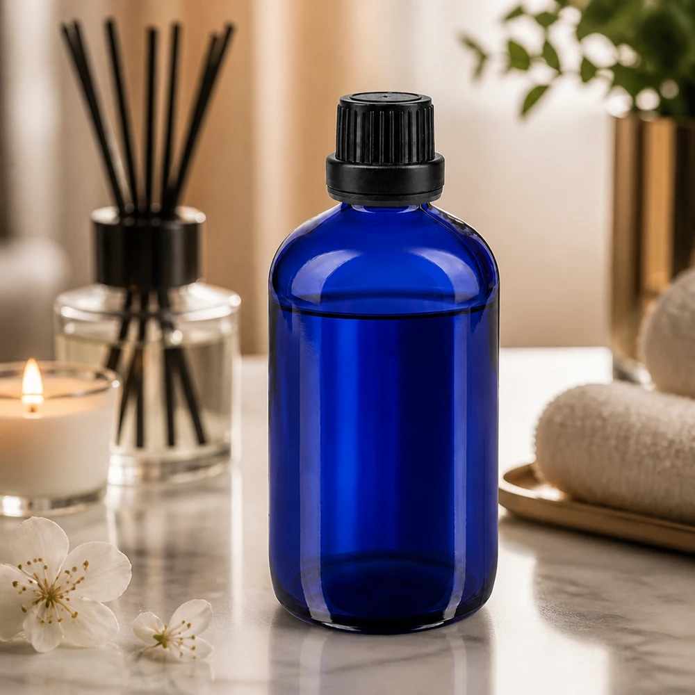 Lékárenská láhev modrá 100ml šroubovací uzávěr černý tamper evident uzávěr. Spa-Flasche 100ml kobaltblau mit schwarzem Verschluss für Öle und Essenzen