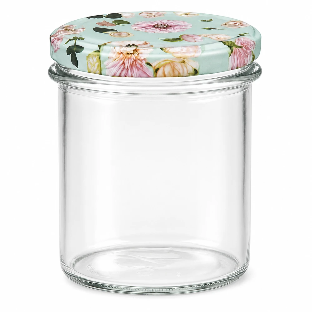350ml kelímky + víčko BasicSeal flower mint UNiTWIST 350ml Sturzglas mit BasicSeal Deckel in mint mit rosa Blütenmuster, leeres Einmachglas für Marmelade und Konserven