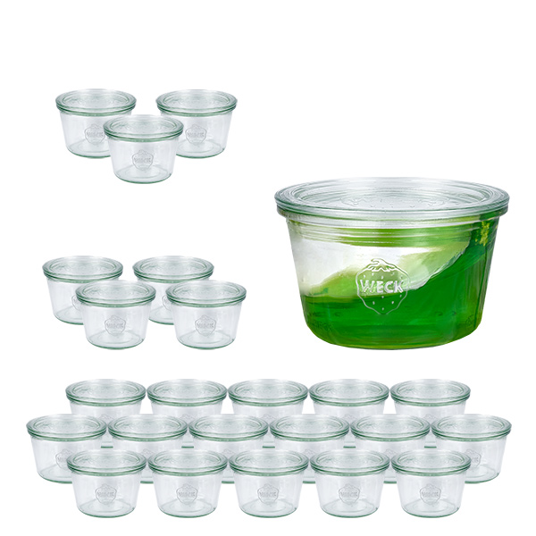 Sada 24 sklenic Weck 370ml tumblers s 24 skleněnými víčky. Sada 24 sklenic Weck 370ml tumblers s 24 skleněnými víčky.