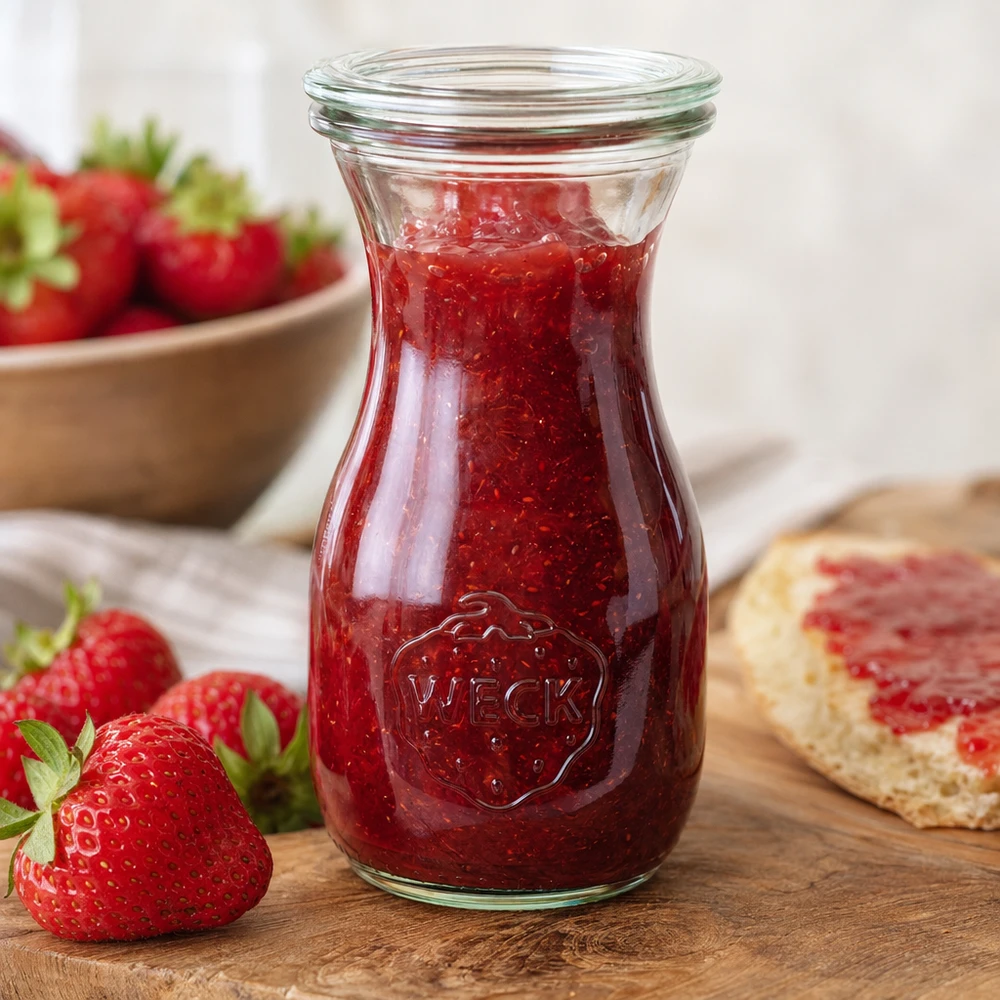 290ml láhev na šťávu WECK se skleněným víčkem RR60 WECK Saftflasche 290ml RR60 mit roter Erdbeermarmelade gefüllt neben frischen Erdbeeren und Brot auf Holzbrett