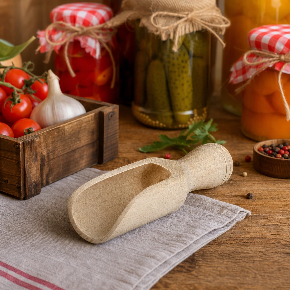 Kleine Buchenholz-Schaufel 7,5cm in rustikaler Küche mit eingelegtem Gemüse und frischen Tomaten Lifestyle-Ambiente