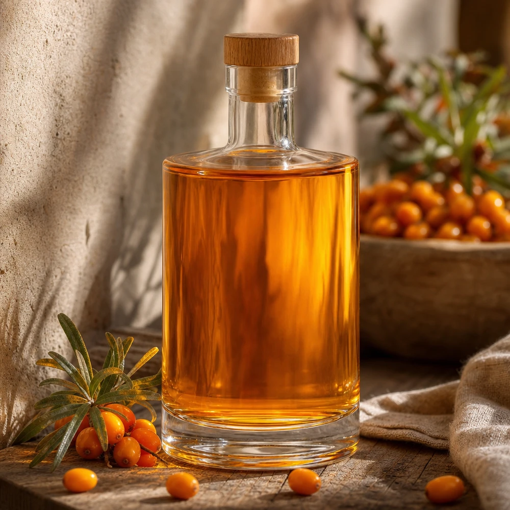 700ml Glasflasche "Galileo" mit Holzgriffkorken UNiTWIST® 700ml Glasflasche Marie mit bernsteinfarbenem Inhalt neben Sanddorn und rustikaler Dekoration im warmen Licht