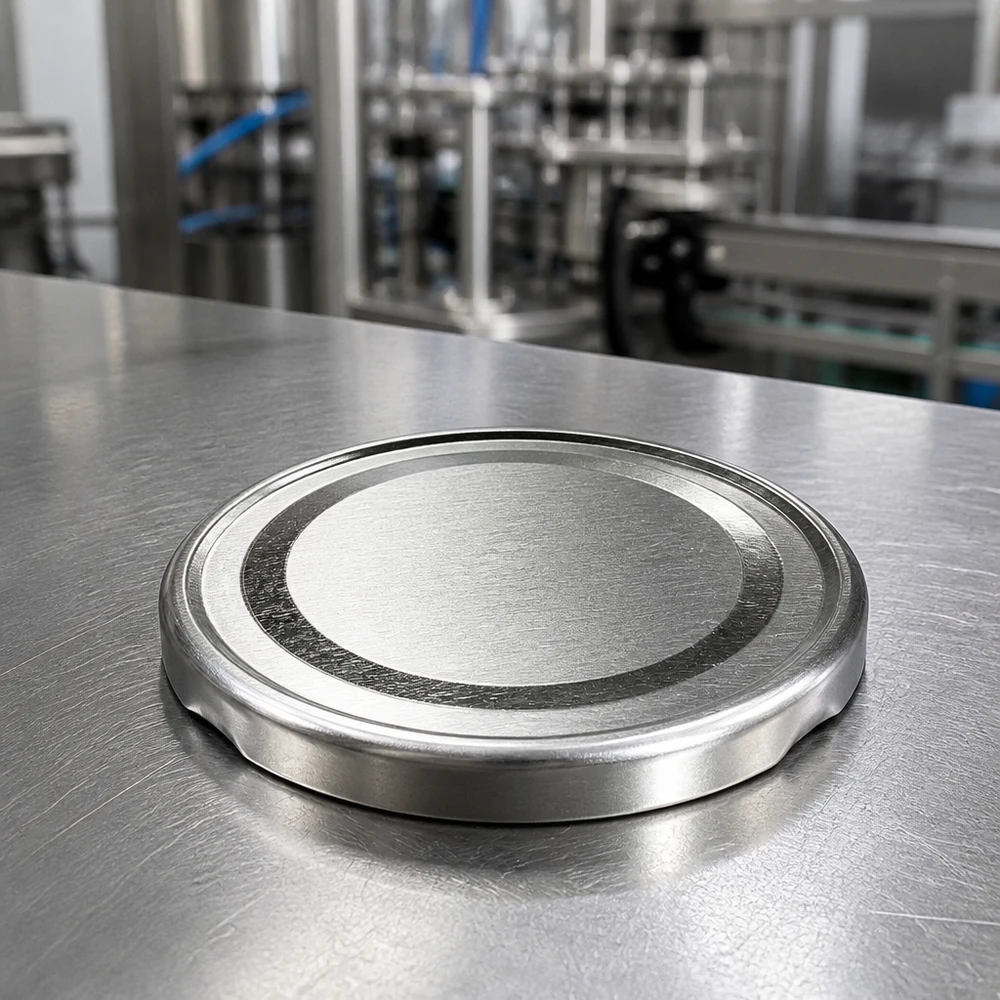 66mm víko BasicSeal stříbrné (TO66deep) UNiTWIST Stříbrné kovové víčko BasicSeal o průměru 66 mm, typ TO66deep UNiTWIST, na nerezovém povrchu ve výrobním prostředí
