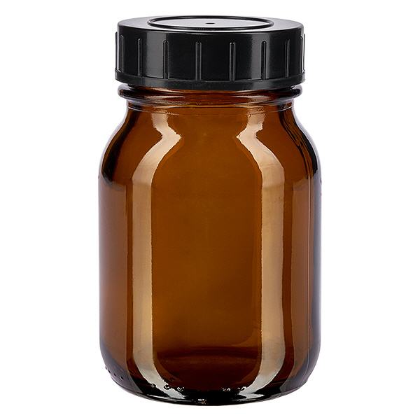 75ml láhev se širokým hrdlem z jantarového skla se šroubovacím uzávěrem. Kleine Weithalsflasche 75ml aus UV-schützendem Braunglas mit schwarzem Schraubdeckel