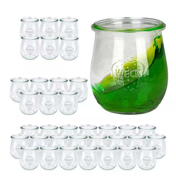 Sada 36 sklenic Weck na tulipány o objemu 220 ml se skleněným víčkem. Sada 36 sklenic Weck na tulipány o objemu 220 ml se skleněným víčkem.