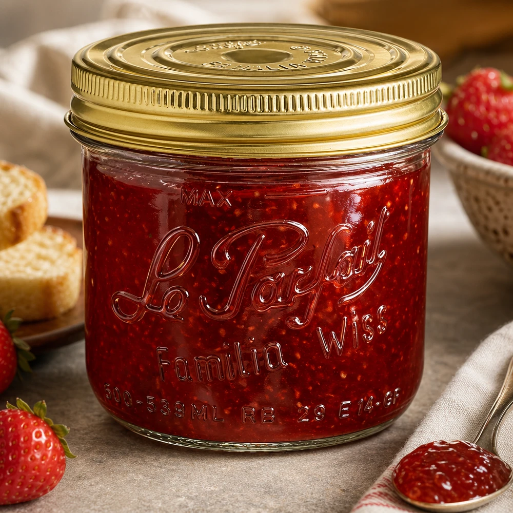 539ml Sturzglas "Familia Wiss" 2-teiliges Deckelsystem Le Pa 539ml Sturzglas Familia Wiss mit goldenem Deckel gefüllt mit roter Marmelade neben frischen Erdbeeren und Brot