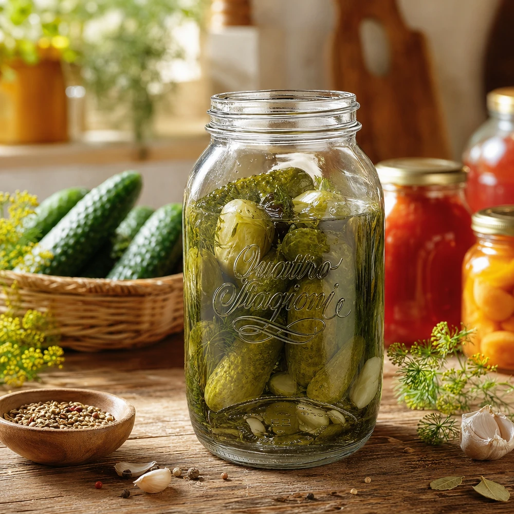 1500ml kulatá zavařovací sklenice "Quattro Stagioni" QS86mm 1500ml Quattro Stagioni Haushaltsglas mit eingelegten Gurken gefüllt auf Holztisch mit frischen Zutaten
