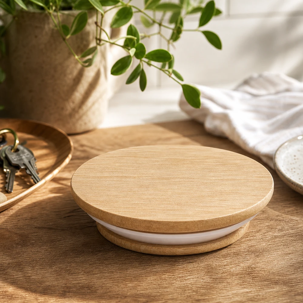 Holzdeckel WECK RR40 Eiche auf Holztisch Lifestyle Ambiente mit Pflanze und Deko natürliches Wohnen Küchenzubehör