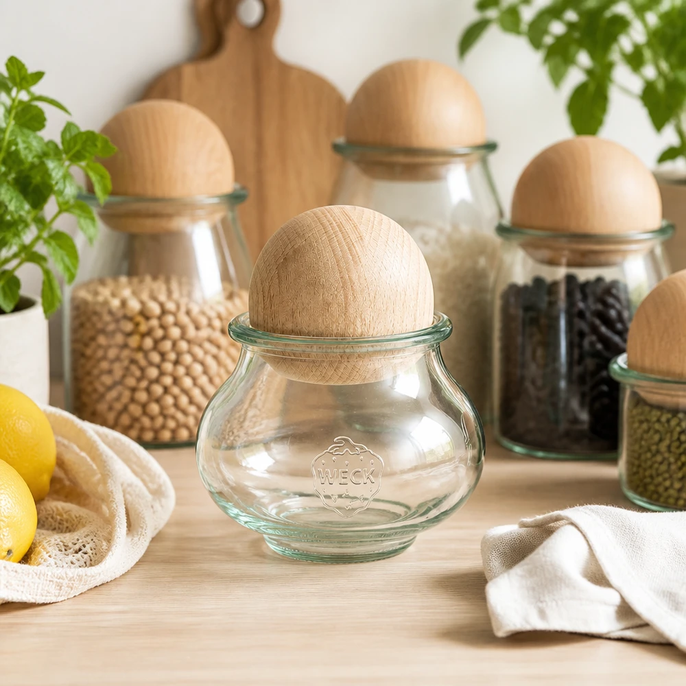Dóza na šperky WECK RR80 o objemu 560 ml s kuličkou z bukového dřeva WECK Schmuckglas 560ml RR80 Buchenkugel Küchenorganisation Vorratsdosen Set Zitronen Getreide Hülsenfrüchte