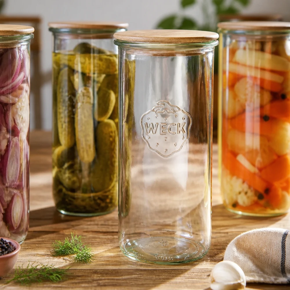 1500ml tumble nádoba WECK RR100 s dřevěným víkem buchta WECK Sturzglas 1500ml RR100 mit Holzdeckel zwischen eingelegtem Gemüse auf Holztisch rustikale Küchenszene