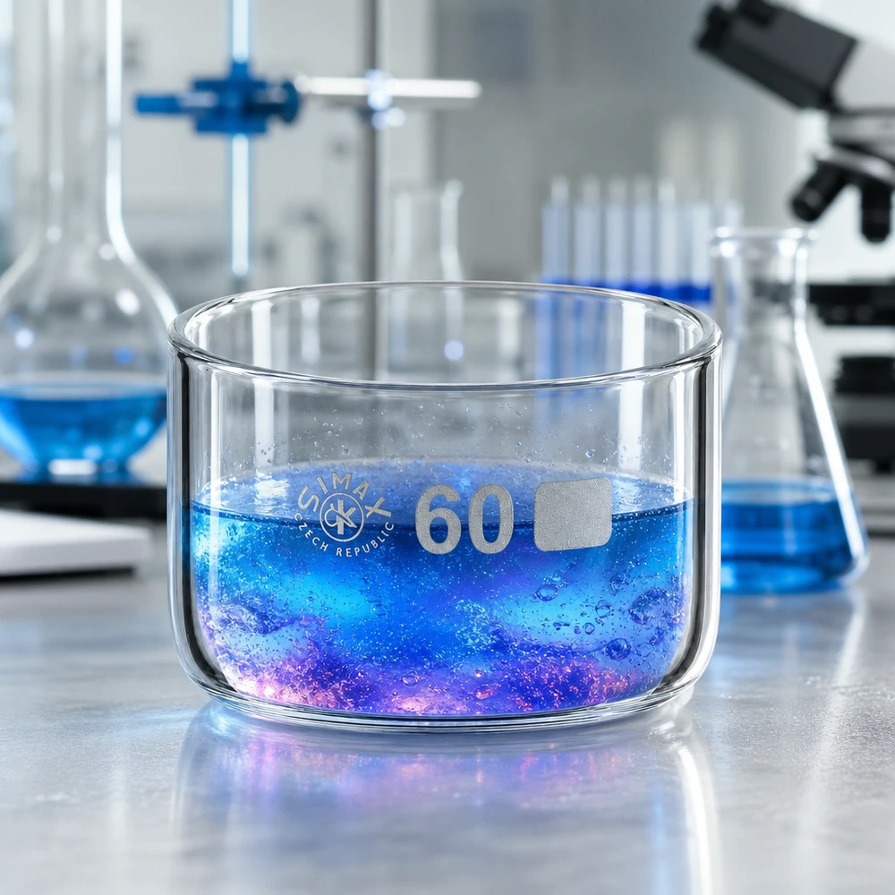 60ml krystalizační miska bez výlevky borosilikátová ø60mm Simax Kristallisierschale 60ml Czech Republic Laborumgebung mit blauen Reagenzgläsern