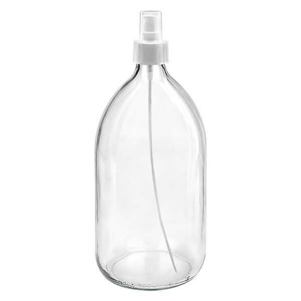 1000ml lahvička na léky čirá, s rozprašovačem s pumpičkou bílá ApoGlas 1000ml lahvička na léky čirá, s rozprašovačem s pumpičkou bílá ApoGlas