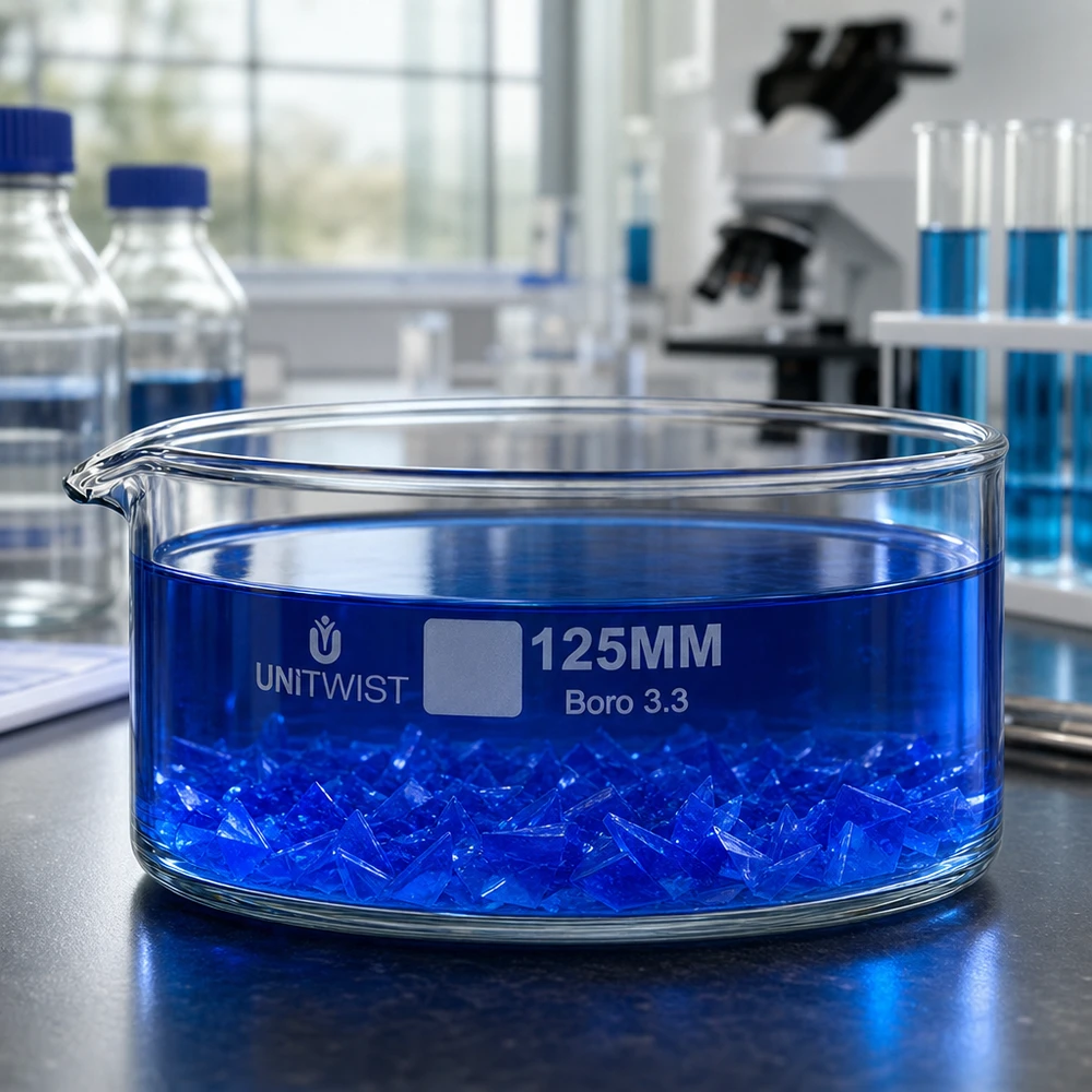 Krystalizační miska ø125mm z borosilikátového skla UNiTWIST Borosilikatglas Kristallisierschale 125mm UNiTWIST mit blauen Chemikalienkristallen Laborumgebung