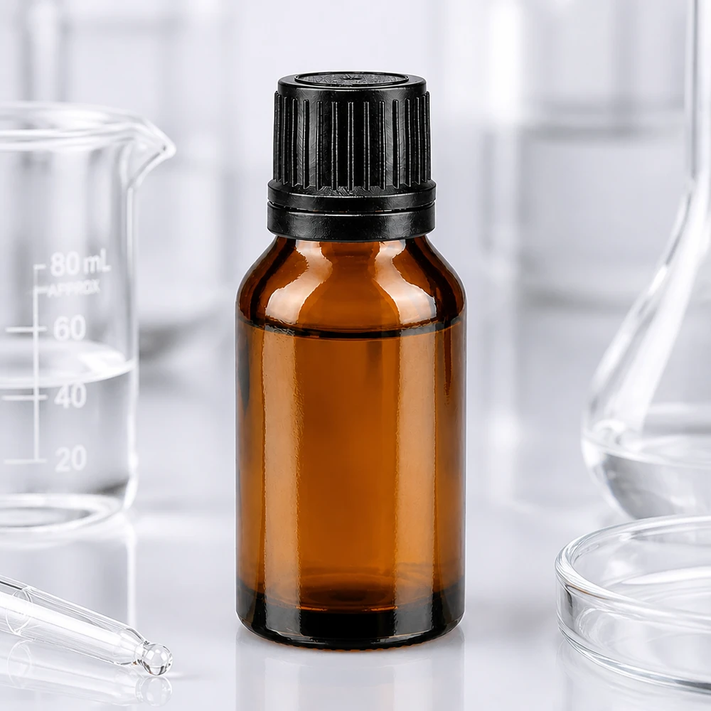 Lékárenská láhev hnědá 15ml kapací uzávěr nalévací kroužek 1mm černý uzávěr s pojistkou proti manipulaci. Kompakte Braunglasflasche 15ml mit schwarzem Tropfaufsatz 1mm für ätherische Öle und Tinkturen