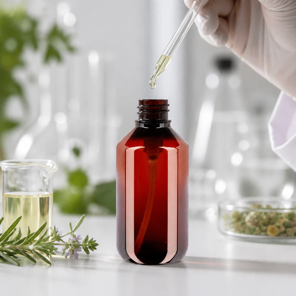 PET láhev 200ml s dávkovací pumpičkou bílá Nachhaltige 200ml PET Dispenserflasche braun mit Pumpe für Hautpflege und Seren