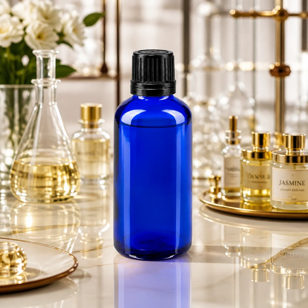 Lékárenská láhev modrá 50ml šroubovací uzávěr černý nalévací kroužek tamper evident uzávěr. 50ml blaues Apothekerglas mit 8mm Verschluss auf Marmor neben Erlenmeyer und Parfumflakons