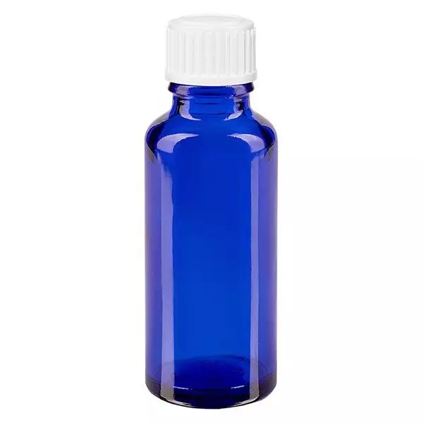 Lékárenská láhev modrá 30ml kapací uzávěr bílý 0,8mm standardní