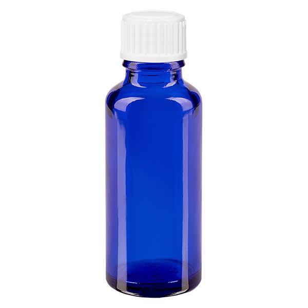 Lékárenská láhev modrá 30ml kapací uzávěr bílý 0,8mm standardní Lékárenská láhev modrá 30ml kapací uzávěr bílý 0,8mm standardní