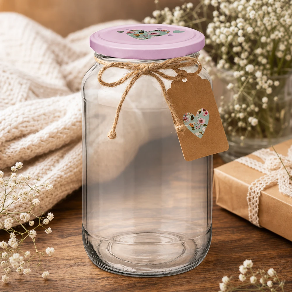 1062ml kulatá sklenice + víčko BasicSeal srdíčková růžová UNiTWIST 1062ml Rundglas BasicSeal rosa Herzdeckel mit Jute-Schleife und Geschenkanhänger als dekorative Verpackung