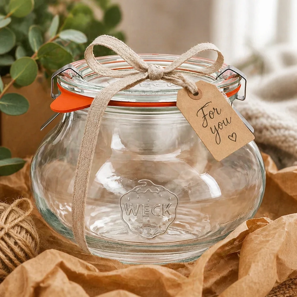 WECK Schmuckglas 560ml dekorativ verpackt mit Schleifenband und Geschenkanhänger, als Geschenkidee präsentiert