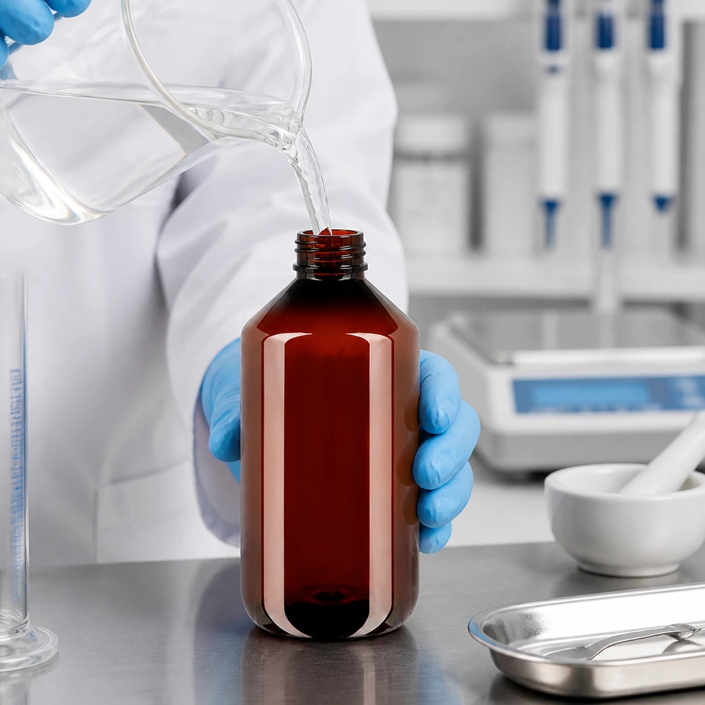 PET láhev 500ml s bílým rýhovaným uzávěrem s možností manipulace. Lékárnická láhev o objemu 500 ml z jantarově zbarveného PET s bílým rýhovaným šroubovacím uzávěrem se plní v laboratoři
